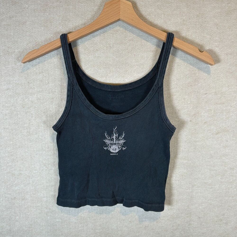 Hard Rock Nashville Ribbed Tank Top Charcoal Guitar Graphic Fitted Womens